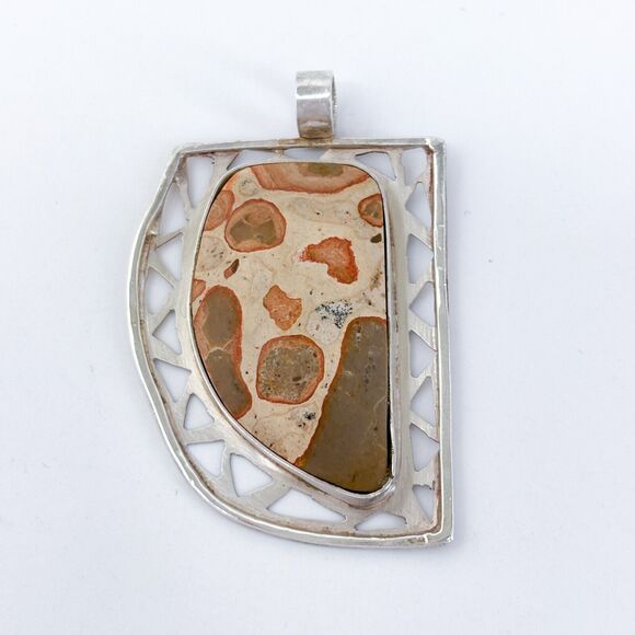 Vintage Sterling Silver 950 Openwork Frame Leopard Jasper Pendant - Picture 2 of 8